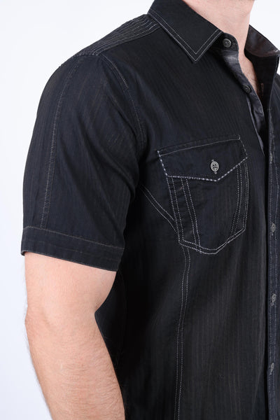 Mens Embroidery Modern Fit Stretch Short Sleeve Shirt