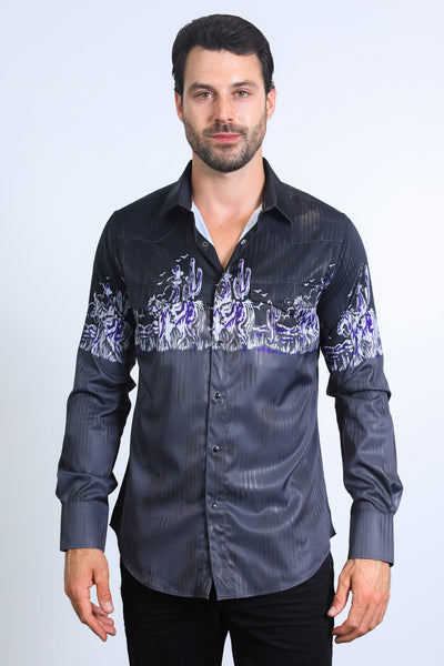 Mens Modern Fit Panoramic Foil Print Shirt - Black