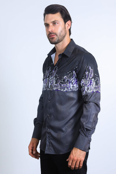 Mens Modern Fit Panoramic Foil Print Shirt - Black