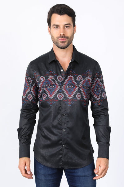 Mens Modern Fit Panoramic Foil Print Shirt - Black