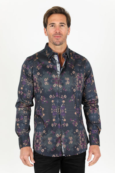 Floral Print Satin Shirt - Black