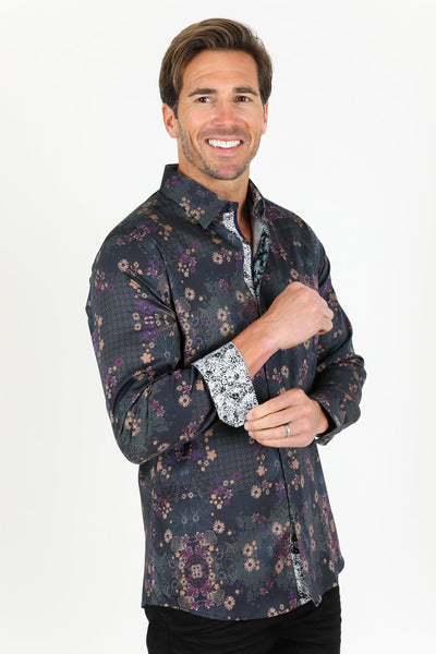 Floral Print Satin Shirt - Black