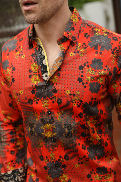 Floral Print Satin Shirt - Red