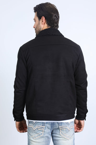 Mens Sherpa Lined Faux Suede Jacket - Black