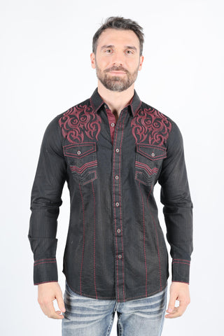 Mens Vintage Washed 2-tone Embroidery Modern Fit Stretch Shirt