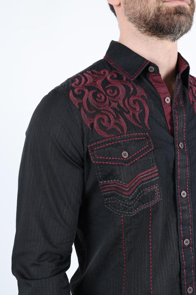 Mens Vintage Washed 2-tone Embroidery Modern Fit Stretch Shirt