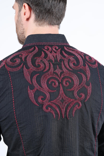 Mens Vintage Washed 2-tone Embroidery Modern Fit Stretch Shirt