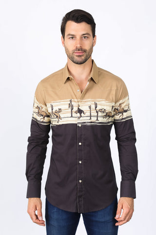 Men's Modern Fit Cotton Stretch Rodeo Panoramic Print Shirt