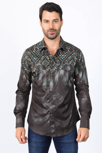 Mens Modern Fit Panoramic Foil Print Shirt - Brown