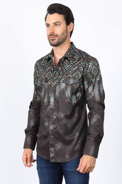 Mens Modern Fit Panoramic Foil Print Shirt - Brown