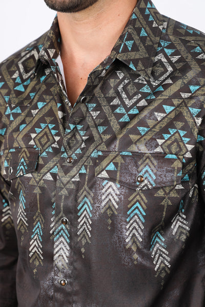 Mens Modern Fit Panoramic Foil Print Shirt - Brown