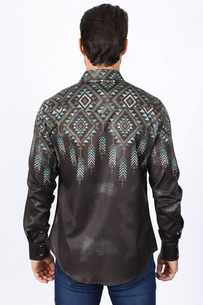 Mens Modern Fit Panoramic Foil Print Shirt - Brown