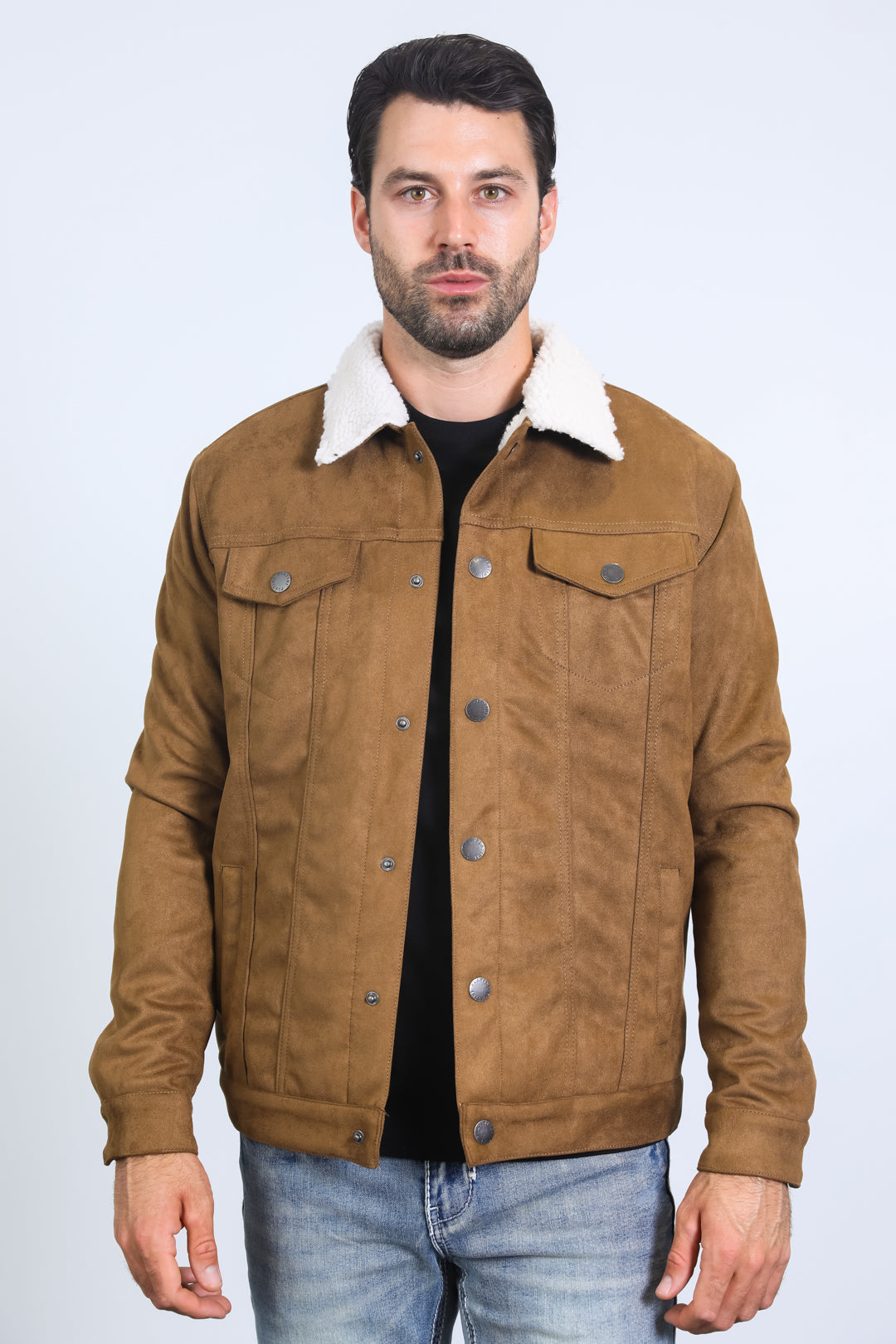 Mens Sherpa Lined Faux Suede Jacket - Camel