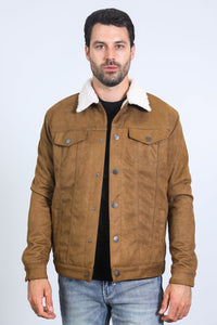 Mens Sherpa Lined Faux Suede Jacket - Camel