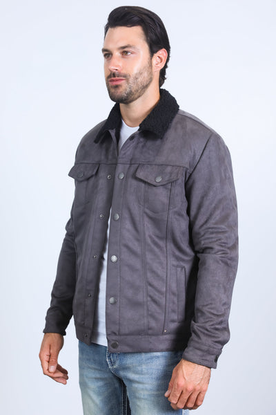 Mens Sherpa Lined Faux Suede Jacket - Charcoal