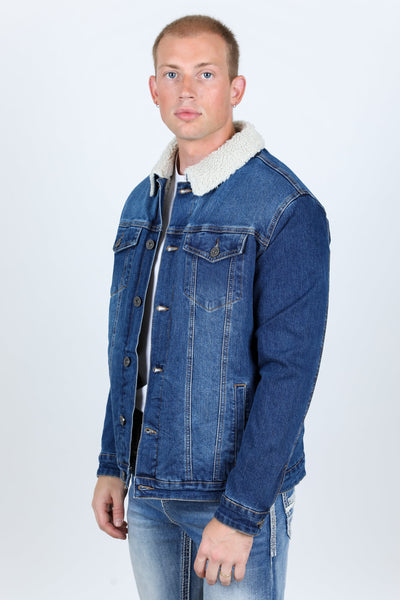 Mens Sherpa Lined Denim Jacket - Dark Blue