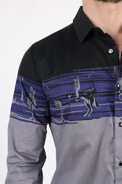 Men's Modern Fit Cotton Stretch Rodeo Panoramic Print Shirt