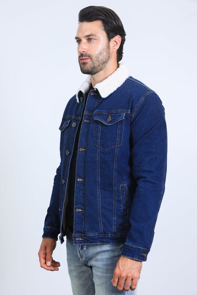 Mens Sherpa Lined Denim Jacket - Indigo