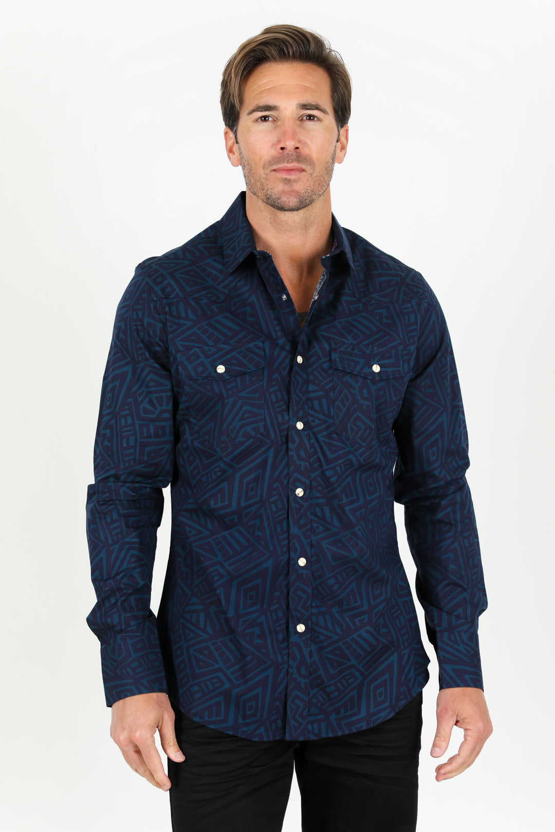 Cotton Aztec Print Dress Shirt - Navy