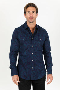 Cotton Aztec Print Dress Shirt - Navy