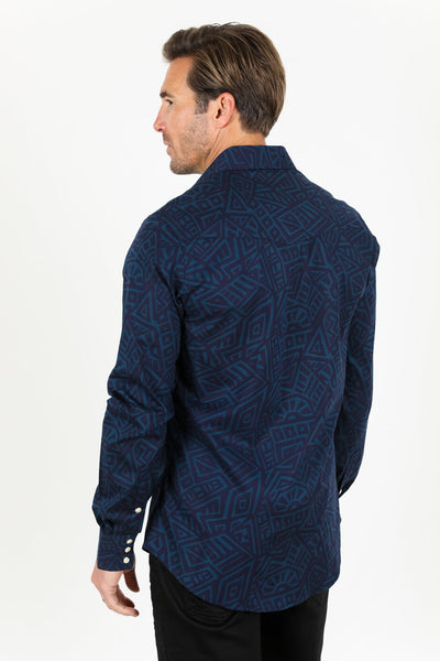 Cotton Aztec Print Dress Shirt - Navy