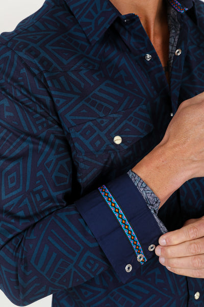 Cotton Aztec Print Dress Shirt - Navy