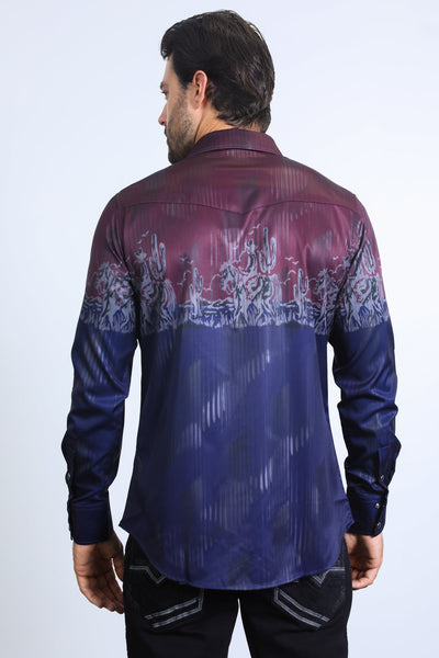 Mens Modern Fit Panoramic Foil Print Shirt - Navy