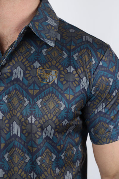 Mens Performance Fabric Modern Fit Stretch Aztec Print Polo