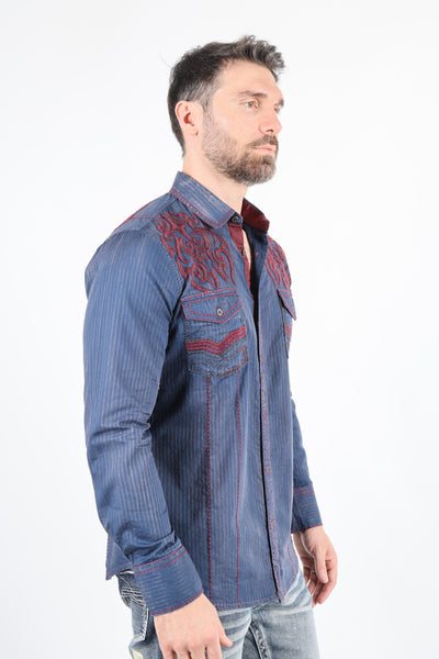 Mens Vintage Washed 2-tone Embroidery Modern Fit Stretch Shirt