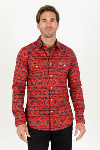 Cotton Aztec Print Dress Shirt - Red