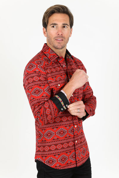 Cotton Aztec Print Dress Shirt - Red