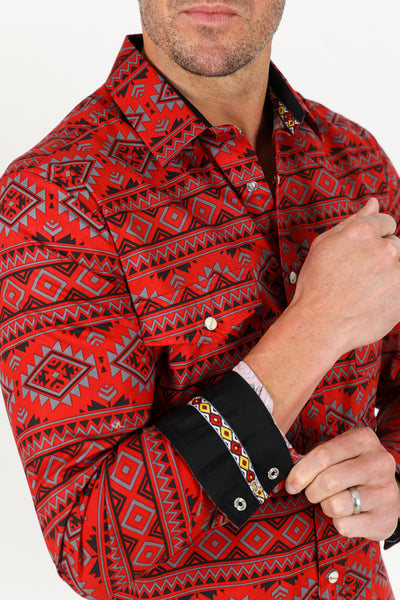 Cotton Aztec Print Dress Shirt - Red