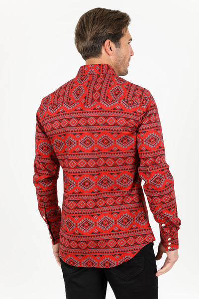 Cotton Aztec Print Dress Shirt - Red