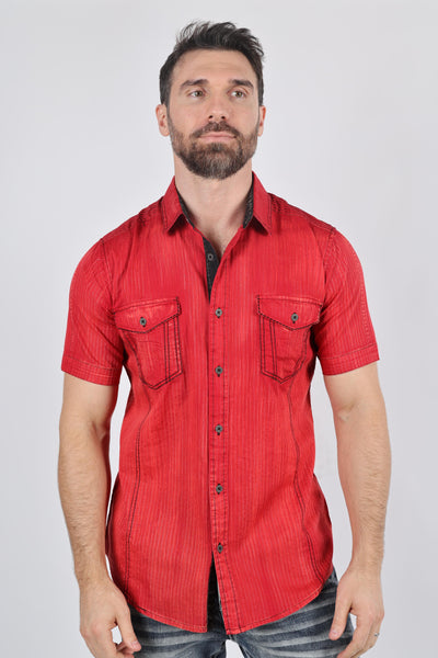 Mens Embroidery Modern Fit Stretch Short Sleeve Shirt