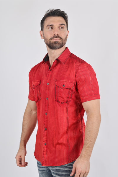 Mens Embroidery Modern Fit Stretch Short Sleeve Shirt