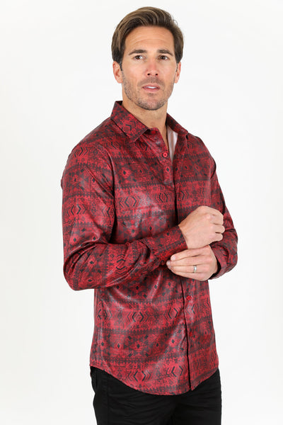 Mens Modern Fit Stretch Aztec Foiled Shirt - Red