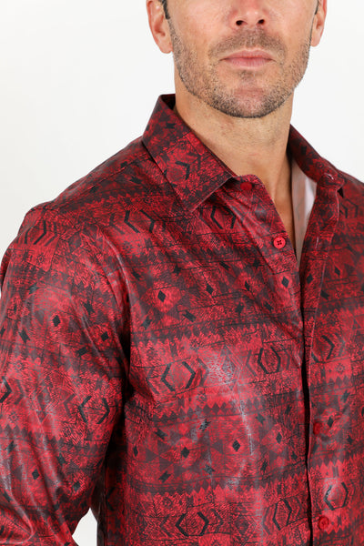 Mens Modern Fit Stretch Aztec Foiled Shirt - Red