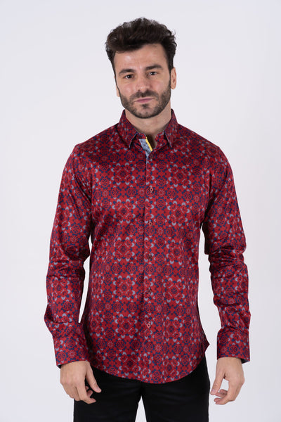 Small Print Satin Cotton/Spandex Long Sleeve Shirt