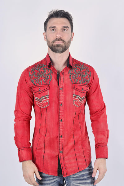 Mens Vintage Washed 2-tone Embroidery Modern Fit Stretch Shirt