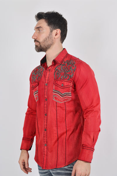 Mens Vintage Washed 2-tone Embroidery Modern Fit Stretch Shirt