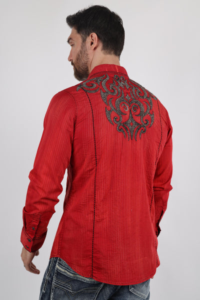 Mens Vintage Washed 2-tone Embroidery Modern Fit Stretch Shirt