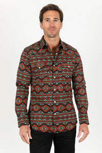 Cotton Aztec Print Dress Shirt - Black/Rust