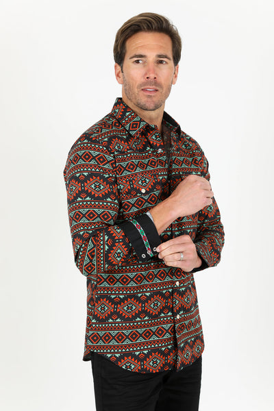 Cotton Aztec Print Dress Shirt - Black/Rust