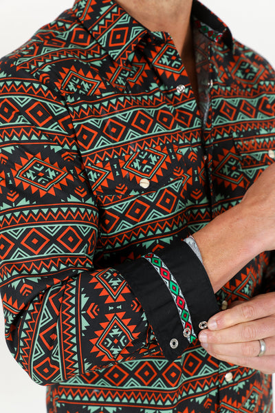 Cotton Aztec Print Dress Shirt - Black/Rust