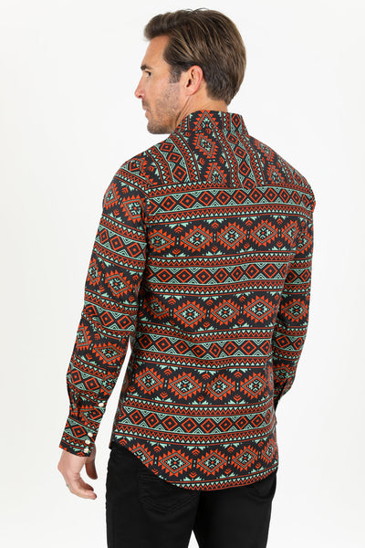 Cotton Aztec Print Dress Shirt - Black/Rust