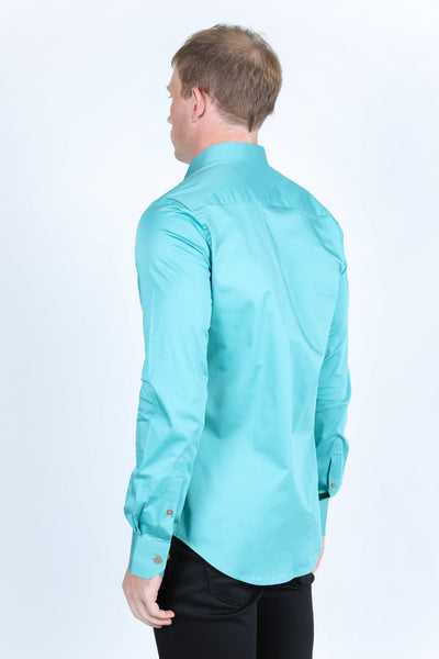 Men’s Single Pocket Logo Modern Fit Stretch Dress Shirt - Turquoise