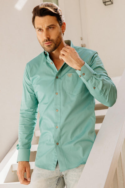 Men’s Single Pocket Logo Modern Fit Stretch Dress Shirt - Turquoise