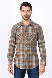 Mens Western Checkered Camel Long Sleeve Shirts