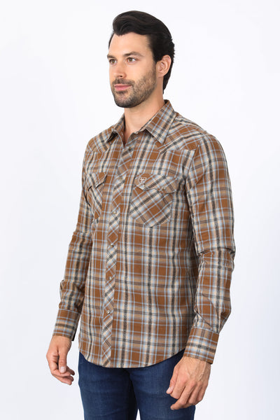 Mens Western Checkered Camel Long Sleeve Shirts