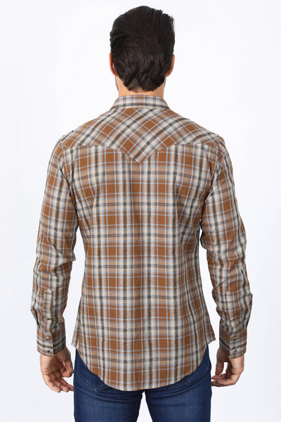 Mens Western Checkered Camel Long Sleeve Shirts